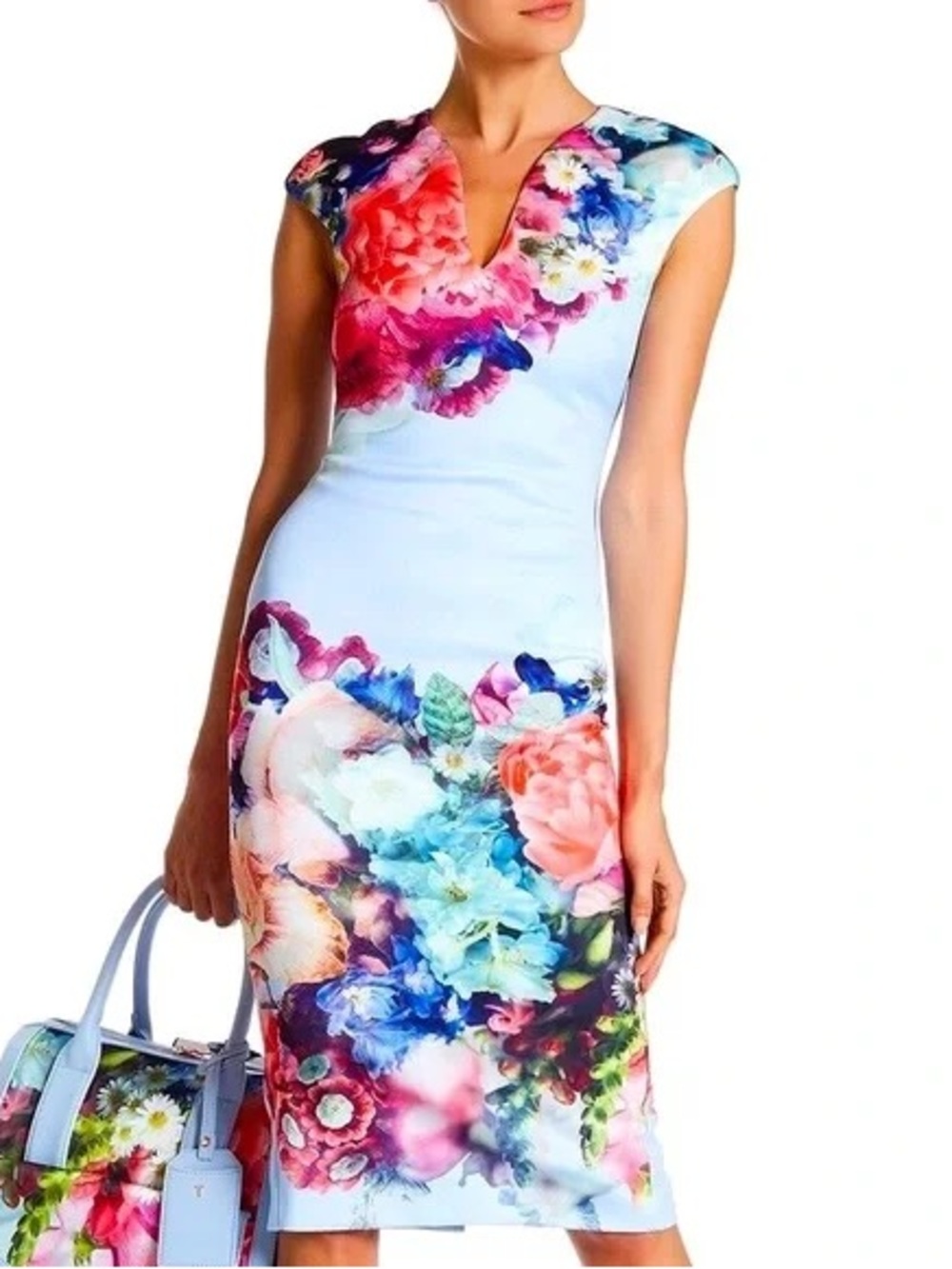 Ted Baker Floral Bodycon Midi Dress in Light Blue